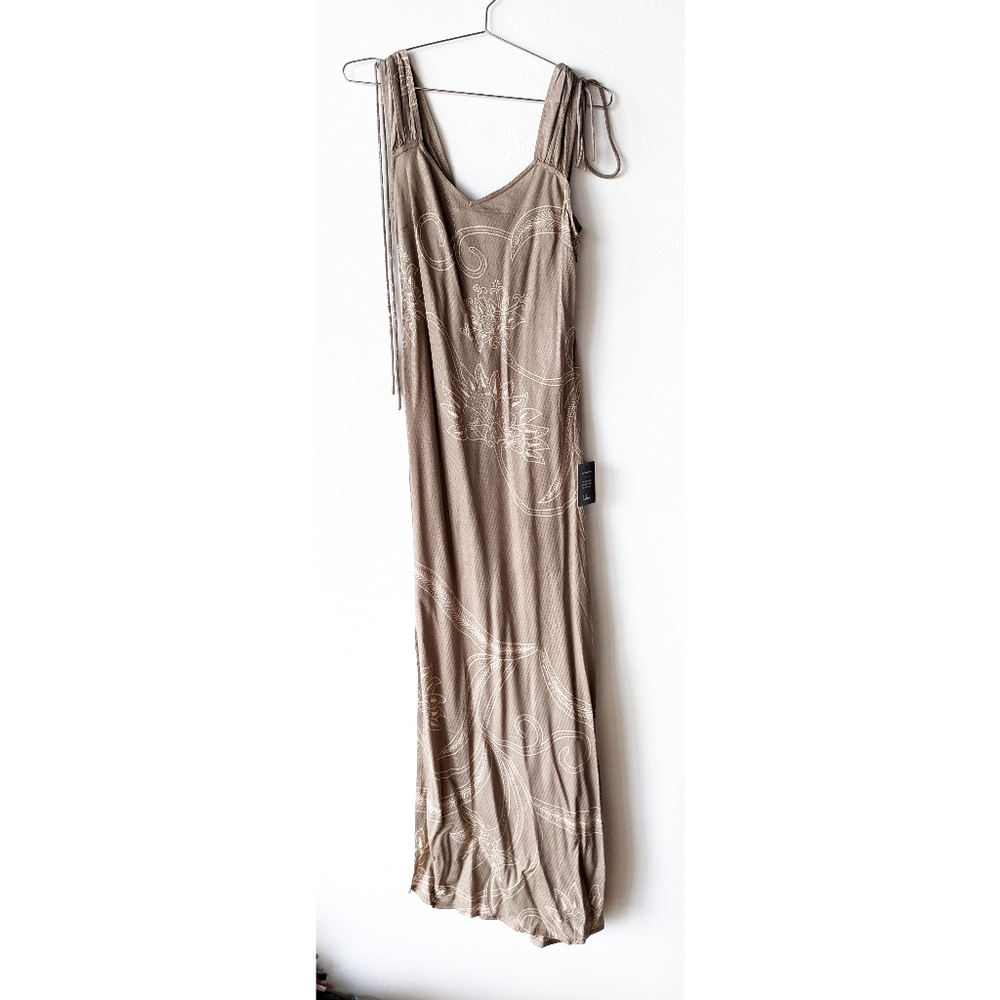 Tan Nude Neutral Floral Print Shimmer Sleeveless Tie Shoulder Maxi Dress Lulu's